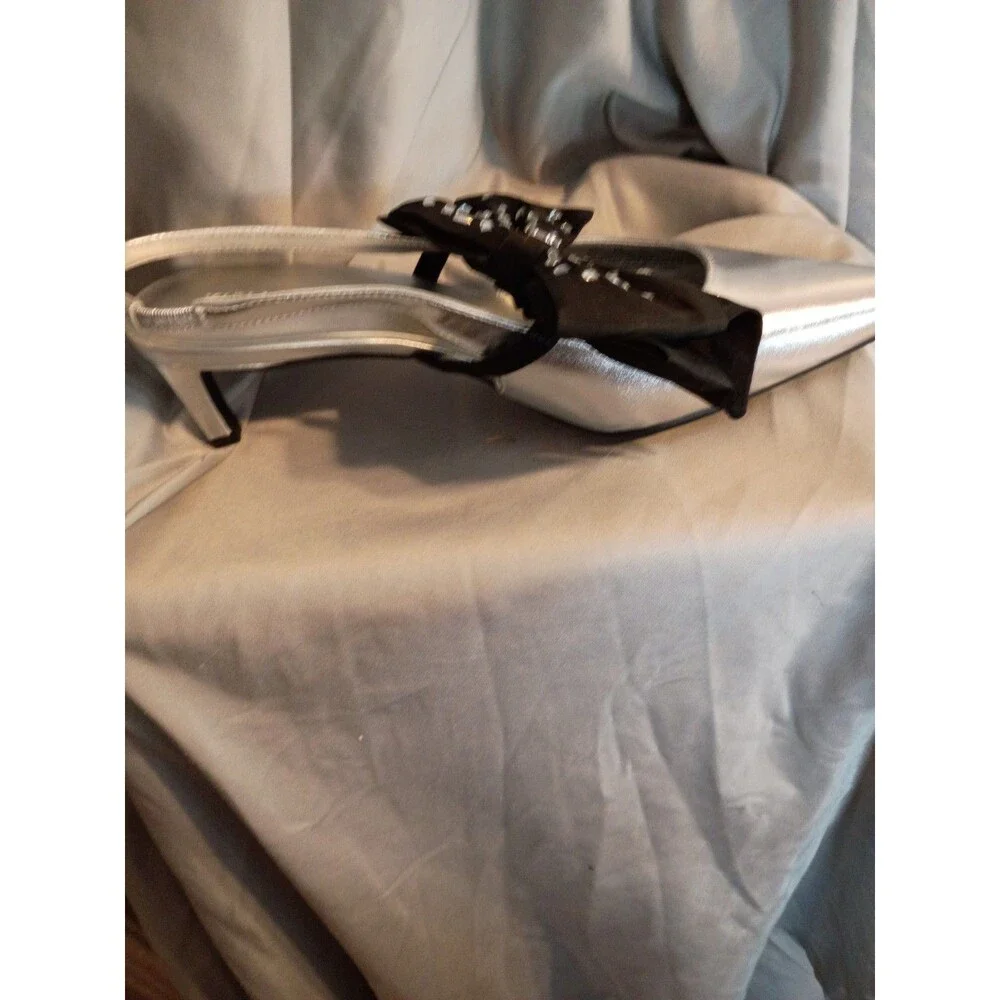 Karl Lagerfeld Sky Lynn Silver Slingback Pumps Removable Crystal Embellished Bow